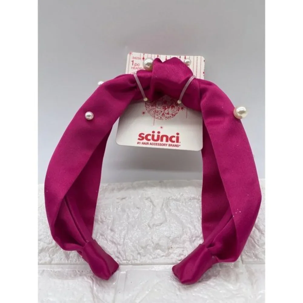 Scunci‎ Headband Magenta Color With White Pearls Headband 1 Inch Wide New